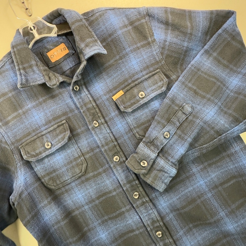 Orvis Flannel Shirt Mens Large Blue Plaid Excellent Cotton Button Up Outdoor